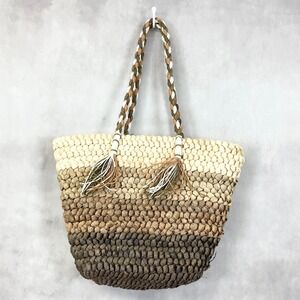 Bohemian Woven Straw Tote Bag Brown Ombre Beach Bag Resort Vacation‎ Coastal